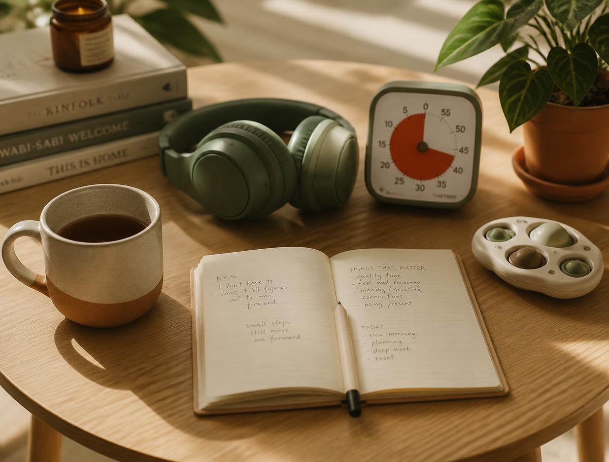 A notebook, tea, headphones, a visual timer and a fidget toy arranged on a wooden table